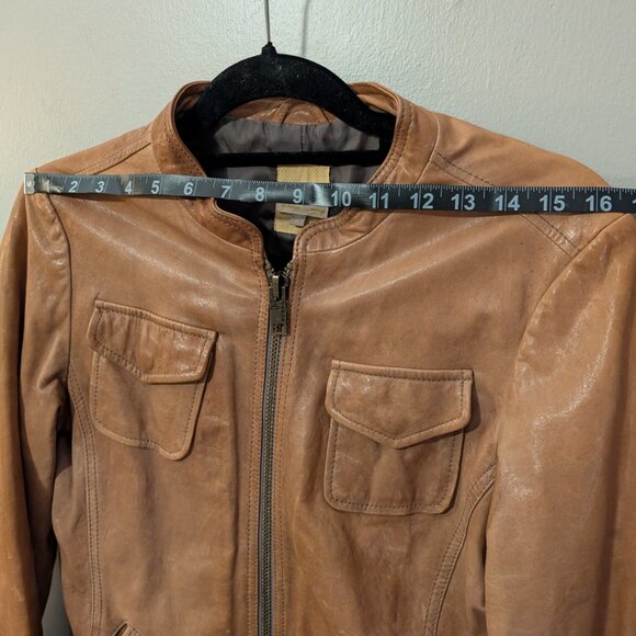 Fossil Womens Leather Bomber Jacket Brown Size Small Front Pockets Ribbed Trim - Picture 9 of 13